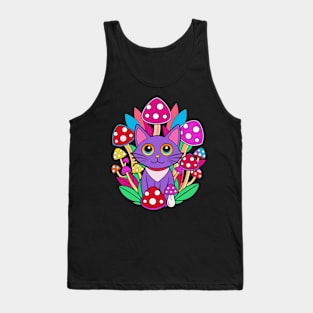 Purple trippy cat and mushrooms Tank Top